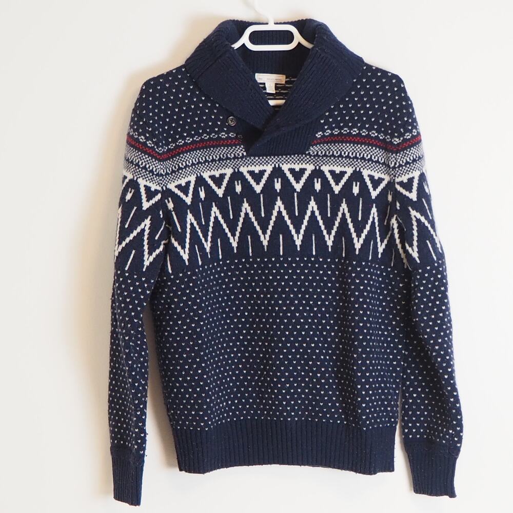 Gap Men's Lambswool Sweater‎ Size Large Navy Fair Isle Shawl Neck Pullover